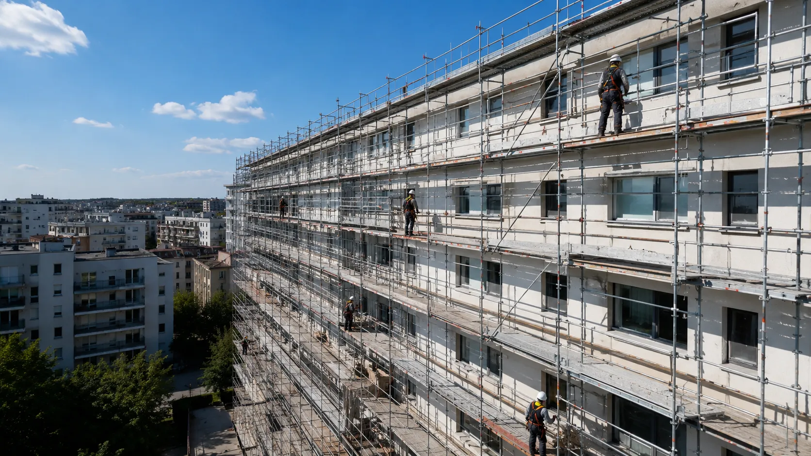 建物の外周に組まれた足場と作業員